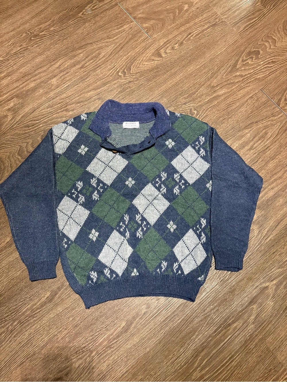 Austerity Men's Blue Green Argyle Crewneck Sweater